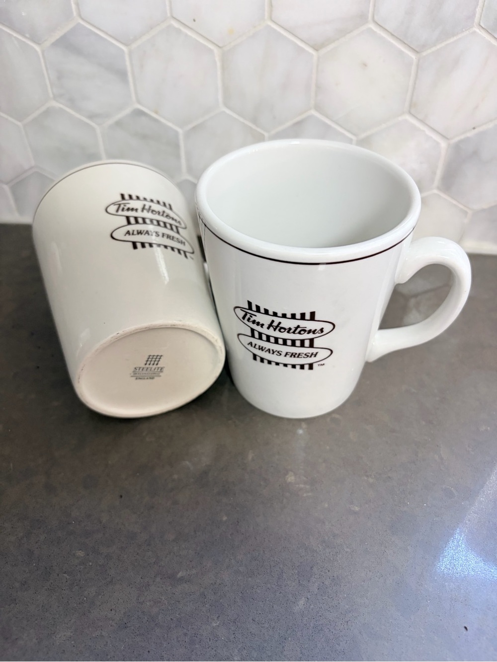 White Ceramic steelite Tim Hortons mugs always fresh pair